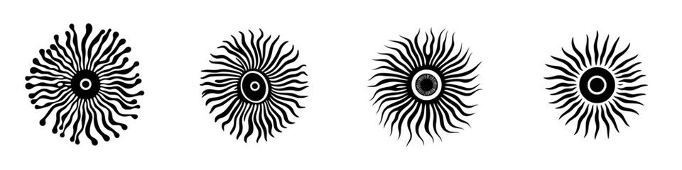 Wall Mural - Stylized black-and-white sunburst vector illustrations showcasing minimalist design elements and symmetrical lines for creative projects