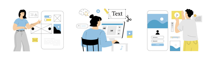 Wall Mural - Web design concept. Illustrator designer programmer working in vector graphics editor or design program. Website page, ui, ux, mobile app. Flat vector illustration isolated o