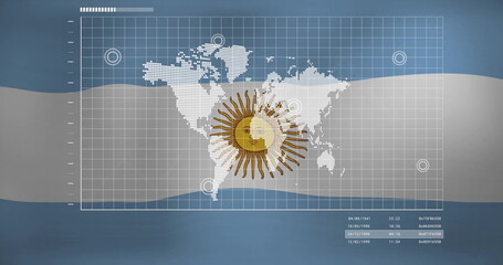 Wall Mural - Displaying pixelated world map on screen with golden sun emblem, white grid and markers, date codes