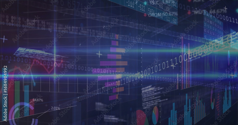 Displaying central data interface scrolling binary code on dark grid ...