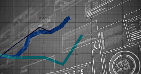 Wall Mural - Displaying two colored line graphs ascending on dashboard grid panel, with gauge and annotations