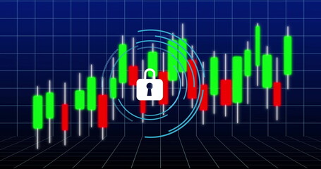 Wall Mural - Displaying white padlock icon protecting data in 3D grid, with concentric waves, candlestick bars