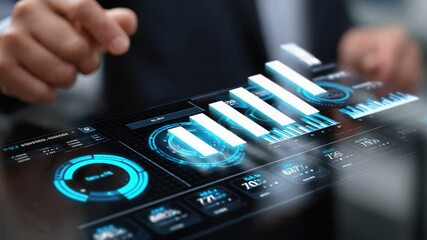 A close-up of a hand interacting with a futuristic touchscreen display, showcasing various digital graphs and metrics, symbolizing innovation and data-driven decision-making.