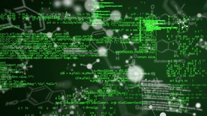 Animation of binary code and scientific data processing on black background