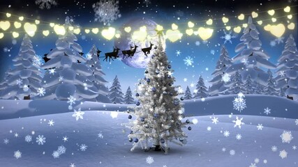 Wall Mural - animation of christmas lights, tree and santa sleigh in night winter landscape
