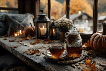 Wall Mural - Cozy Autumn Scene with Tea and Pumpkins for Seasonal Home Decor and Relaxation