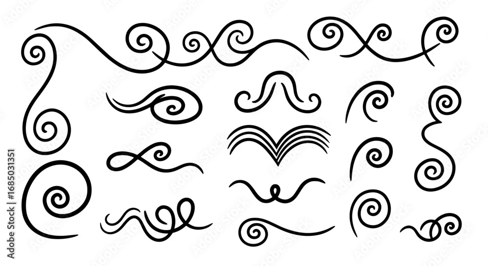 Flourishes swirls curves decorative art illustration vector graphic design elements borders divider set black and white