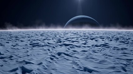 Wall Mural - majestic view of a distant planet rising over an icy landscape, illuminated by a starry sky and atmo
