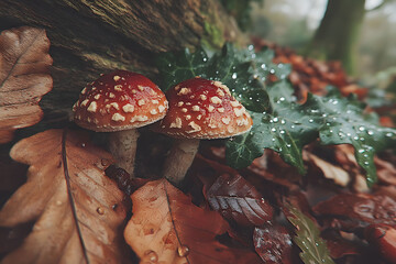 Wall Mural - Autumn Mushrooms in Dewy Forest Setting for Nature Photography and Seasonal Posters