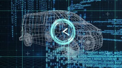 Wall Mural - animation of clock moving over car project and data processing