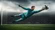 © Viktoriia - Young male goalkeeper trying to catch a soccer ball in mid-air in front of a goal net, dramatic action shot for advertising materials.