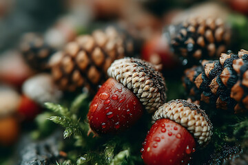 Wall Mural - Autumn Nature Close-Up of Acorns and Pine Cones With Dewdrops for Seasonal Design