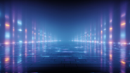 Digital electronic technology glowing blue background. Raster bitmap digital illustration. AI artwork.	