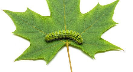 a caterpillar crawls on a maple leaf.