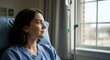 © NN AI - Thoughtful caucasian woman patient looking through hospital window with contemplative expression. Medical recovery and healthcare reflection concept. Vertical banner