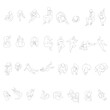 © Marta - Large vector set of 32 people in line art style, drawn from a top view. Includes a variety of poses: sitting, working with laptop, reading, relaxing, stretching, walking, and casual movements.