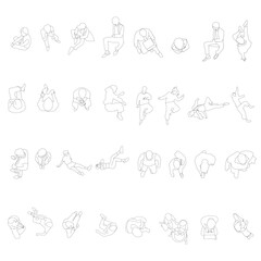 Large vector set of 32 people in line art style, drawn from a top view. Includes a variety of poses: sitting, working with laptop, reading, relaxing, stretching, walking, and casual movements.