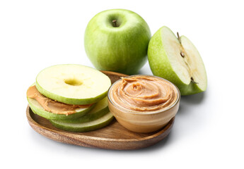 Wall Mural - Wooden plate of fresh apple sandwich with sweet peanut butter on white background