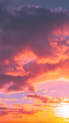 Wall Mural - Sunset Cloudy Sky With Fluffy Clouds. Sunset Sky Natural Background. Sunrays, sunray, ray, Dramatic Sky. Sunset Time Lapse Time-Lapse In Yellow, Orange, Pink magenta purple Colors