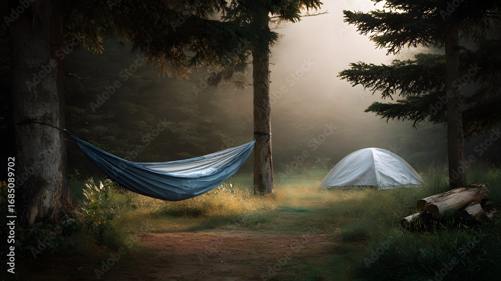 A serene forest campsite featuring a blue hammock strung between tall ...