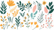 © St - Collection of hand drawn botanical elements featuring yellow flowers green leaves and pink accents