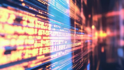 Programming code flowing on screen in futuristic perspective