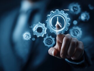 Productivity and Automation in Business Technology Interface. Businessman touching virtual gears with AI and time icons, representing strategic planning, success, and digital transformation