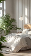 Wall Mural - A bright bedroom with large plants by the window and minimalist design creates an atmosphere of comfort and relaxation, suitable for blogs about interior design and healthy lifestyles.