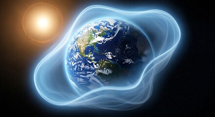 Stunning Earth protected by luminous blue energy shield against solar flare in vast starry cosmos