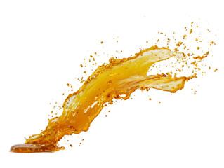 Wall Mural - Dynamic liquid flow with vibrant golden color and scattered droplets against transparent space