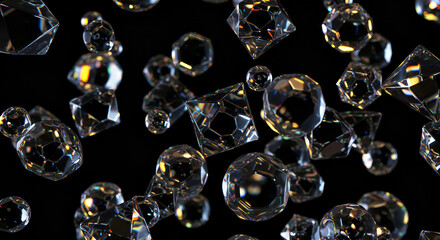 Abstract arrangement of multiple transparent crystal shapes against a black backdrop