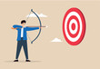 © Yeasin - Flat illustration of businessman aim with archery bow to hit target ambition and goal achievement