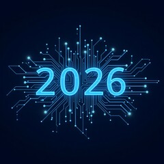 Wall Mural - Futuristic 2026 Digital Technology Circuit Board Background in Blue Neon Light