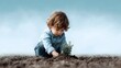 © Thares2020 - Young child carefully planting a small tree sapling in rich soil under a bright sky symbolizing growth and environmental care