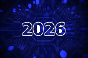 Wall Mural - Futuristic 2026 Digital Technology Circuit Board Background in Blue Neon Light
