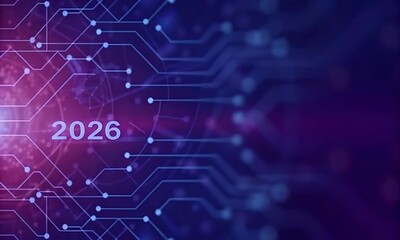 Wall Mural - Futuristic 2026 Digital Technology Circuit Board Background in Purple Blue Neon