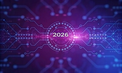 Wall Mural - Futuristic 2026 Digital Technology Circuit Board Background in Purple Blue Neon