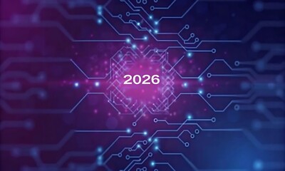Wall Mural - Futuristic 2026 Digital Technology Circuit Board Background in Purple Blue Neon