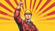 © Halina - Strong worker in helmet raising fist with power on bright rays background symbolizing labor force