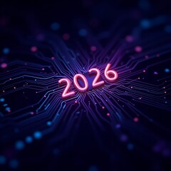 Wall Mural - Futuristic 2026 Digital Technology Circuit Board Background in Purple Blue Neon