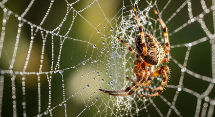 Close-up of spider on web with shiny morning dew drops in natural green background