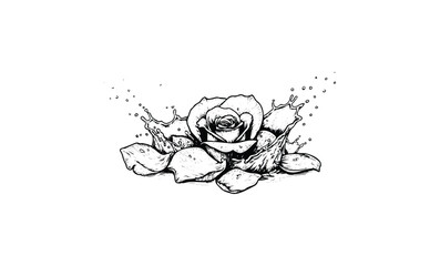 Wall Mural - black and white rose with water splash and petals illustration. vector retro hand drawn illustration
