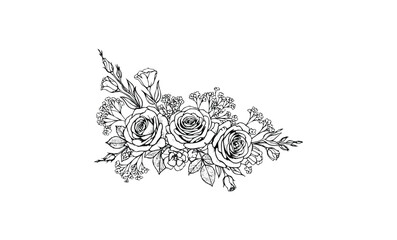 Wall Mural - intricate black and white rose bouquet design with leaves and buds. vector retro hand drawn illustra