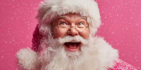 Wall Mural - santa claus on pink glitter background with stars