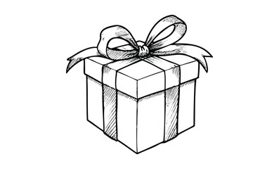 Wall Mural - hand-drawn gift box with ribbon bow in black and white. vector retro hand drawn illustration
