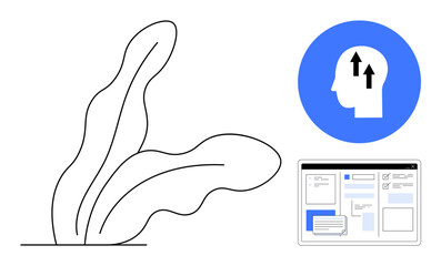 Abstract plant growth, human head with arrows, and web interface highlight progress, innovation, and digital connectivity. Ideal for growth, creativity, education, technology development