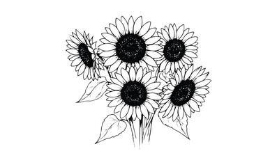 Wall Mural - hand-drawn sunflower bouquet with detailed leaves and petals. vector retro hand drawn illustration