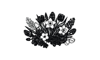 Wall Mural - black and white floral bouquet with tulips and daffodils art. vector retro hand drawn illustration