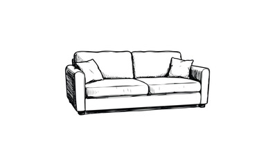Wall Mural - hand-drawn sketch of comfortable sofa with cushions in black and white design. vector retro hand dra
