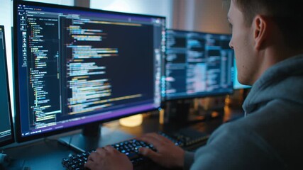Coder works on software development in modern workspace with multiple monitors at night